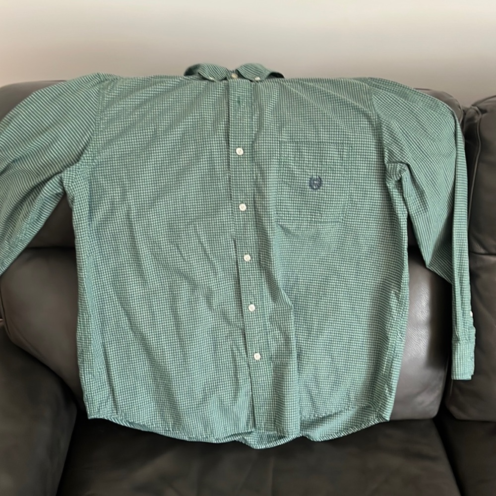 Green with small plaid long sleeve button up shirt. Chaps brand.